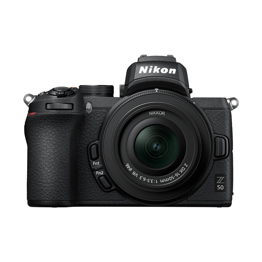 ClubCamera.com front view black Nikon Z50 mirrorless camera with pebbled leather grip and NIKKOR Z DX 16-50mm f/3.5-6.3 VR lens