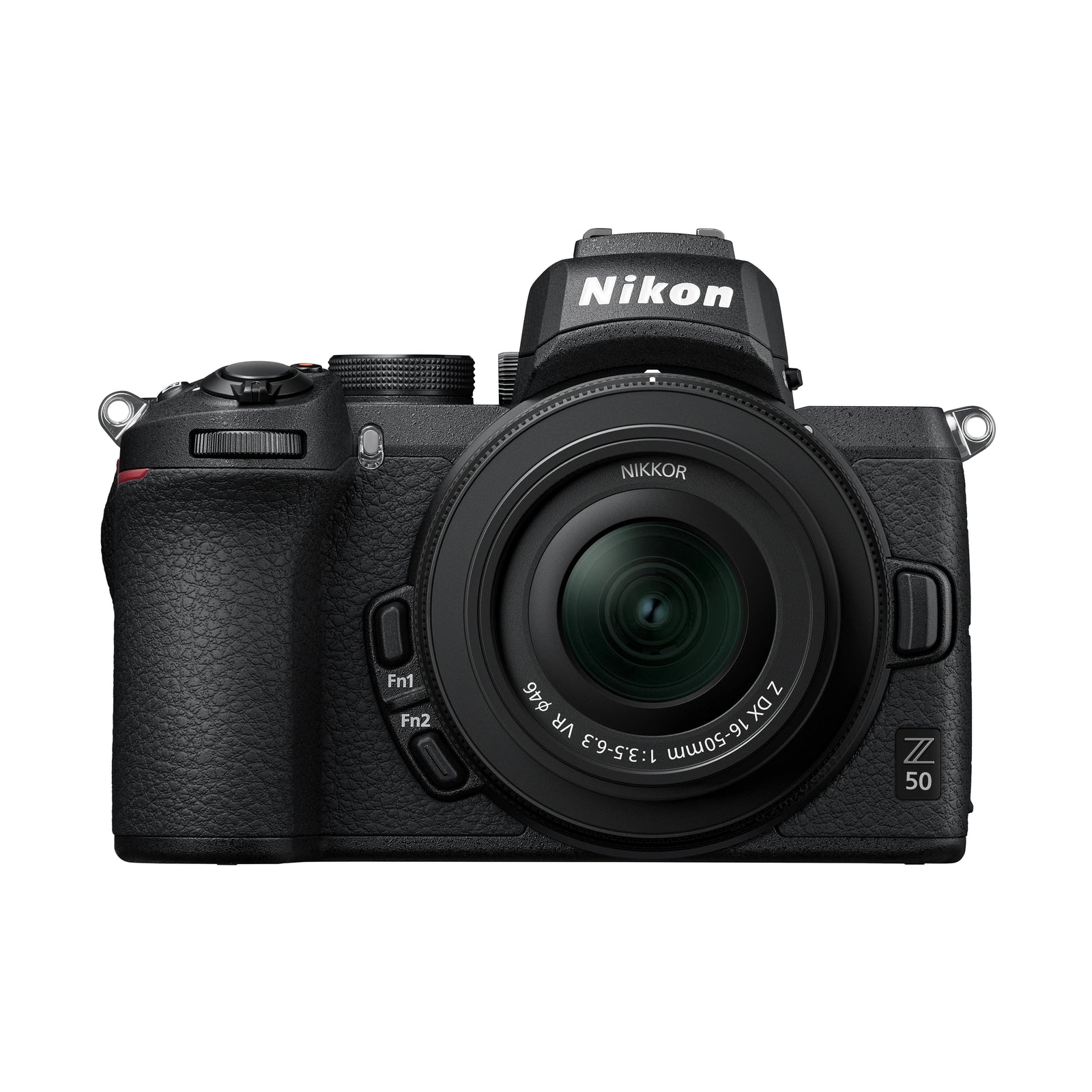 ClubCamera.com front view black Nikon Z50 mirrorless camera with pebbled leather grip and NIKKOR Z DX 16-50mm f/3.5-6.3 VR lens