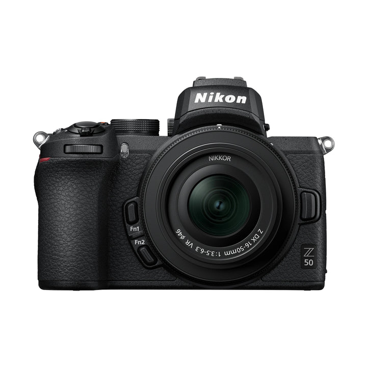 ClubCamera.com front view black Nikon Z50 mirrorless camera with pebbled leather grip and NIKKOR Z DX 16-50mm f/3.5-6.3 VR lens