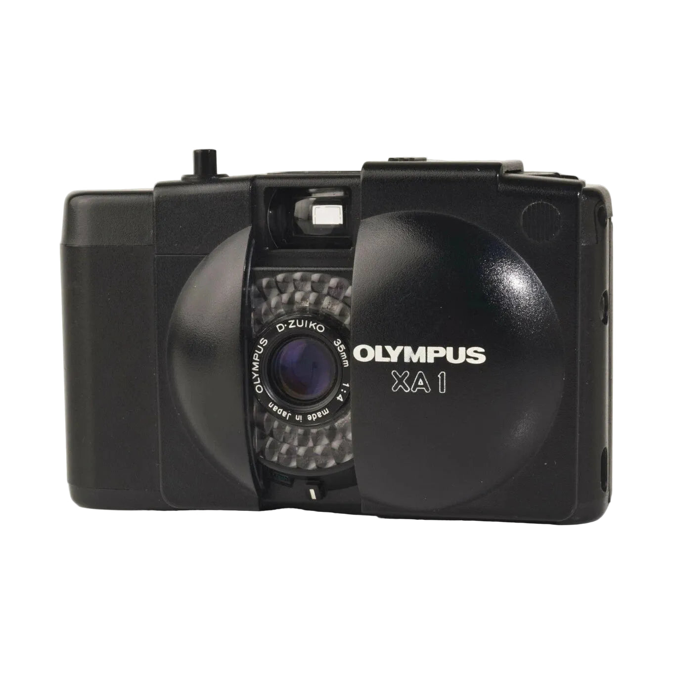Front shot of black Olympus XA1 35mm film camera revealing D-Zuiko lens and white branding by ClubCamera.com