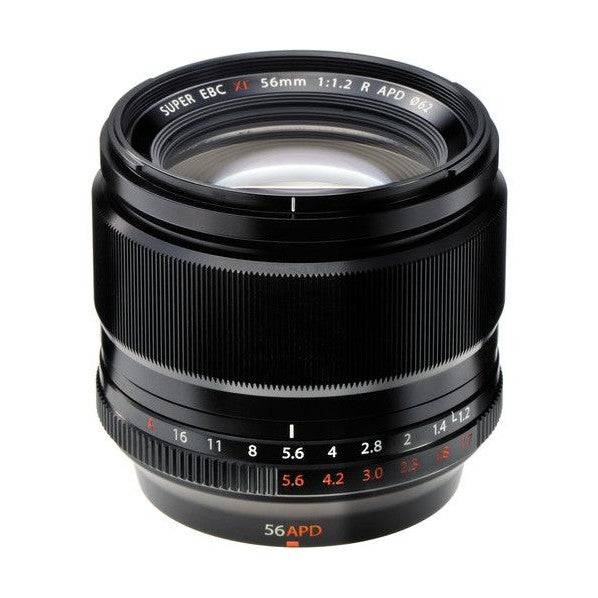 Fujifilm XF 56mm f/1.2 R APD portrait lens from ClubCamera.com revealing internal glass and orange 56APD base detail