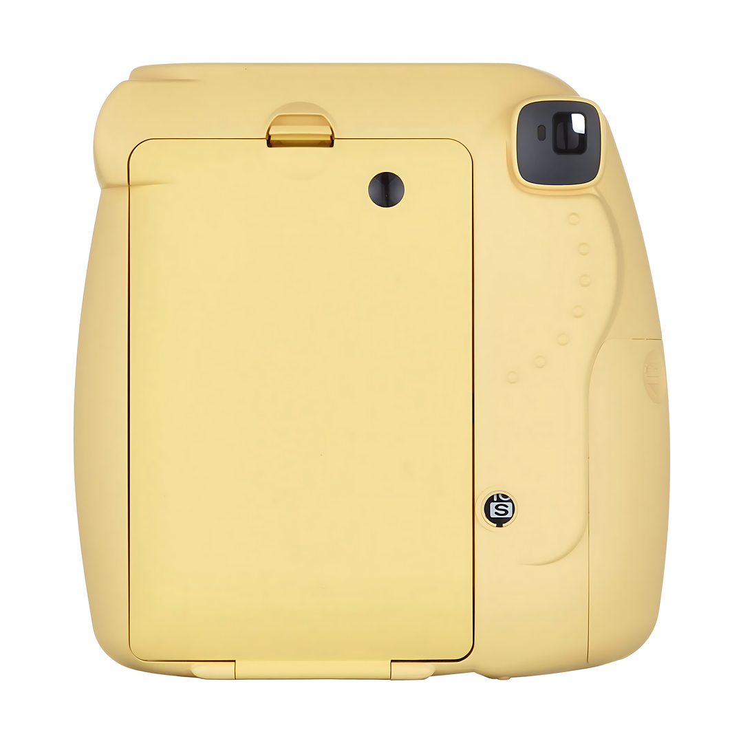 Rear view of honey yellow Fujifilm Instax Mini 8+ instant camera at ClubCamera.com showing grip texture and film compatibility sticker
