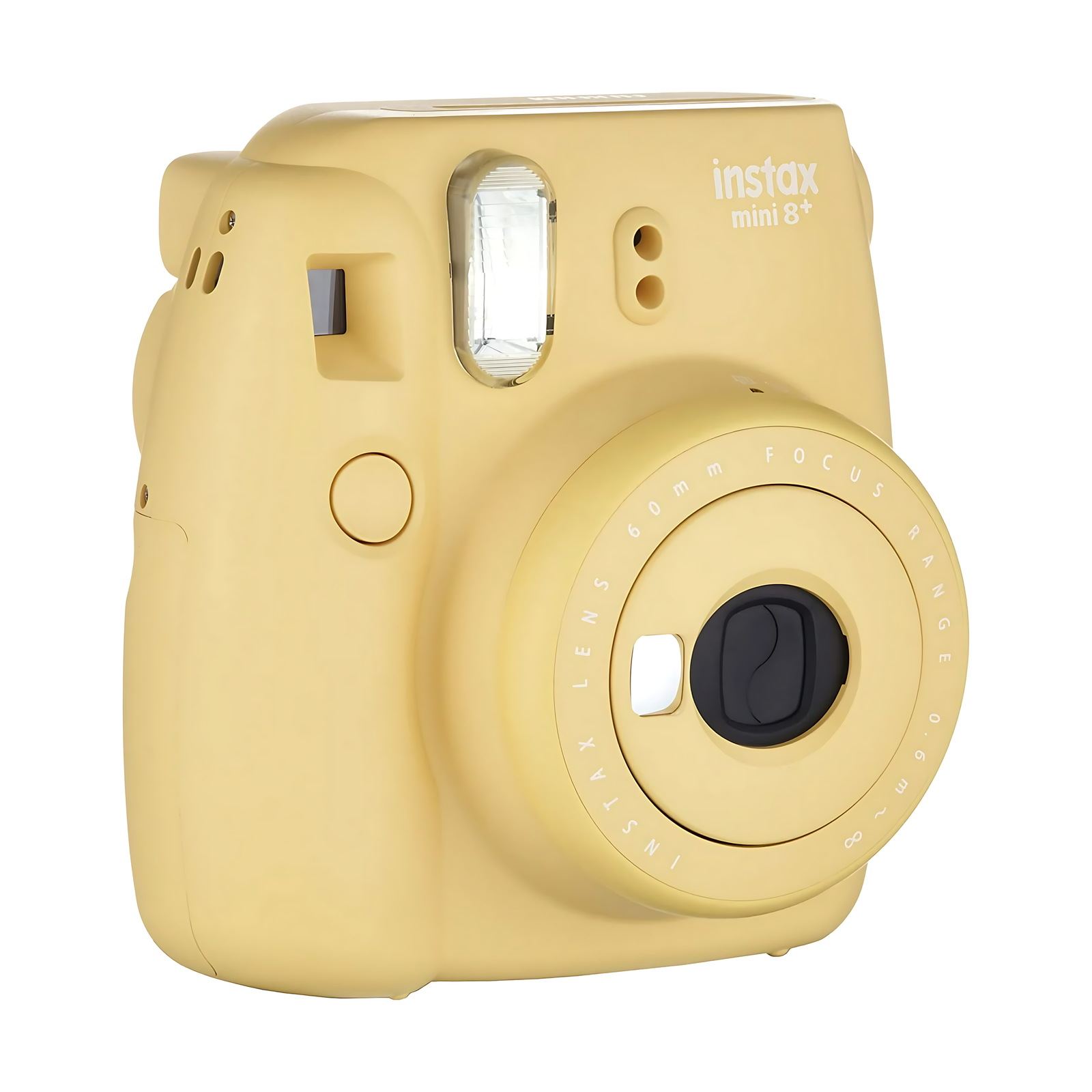 Angled shot of ClubCamera.com Fujifilm Instax Mini 8+ Honey camera revealing 60mm lens markings and top controls