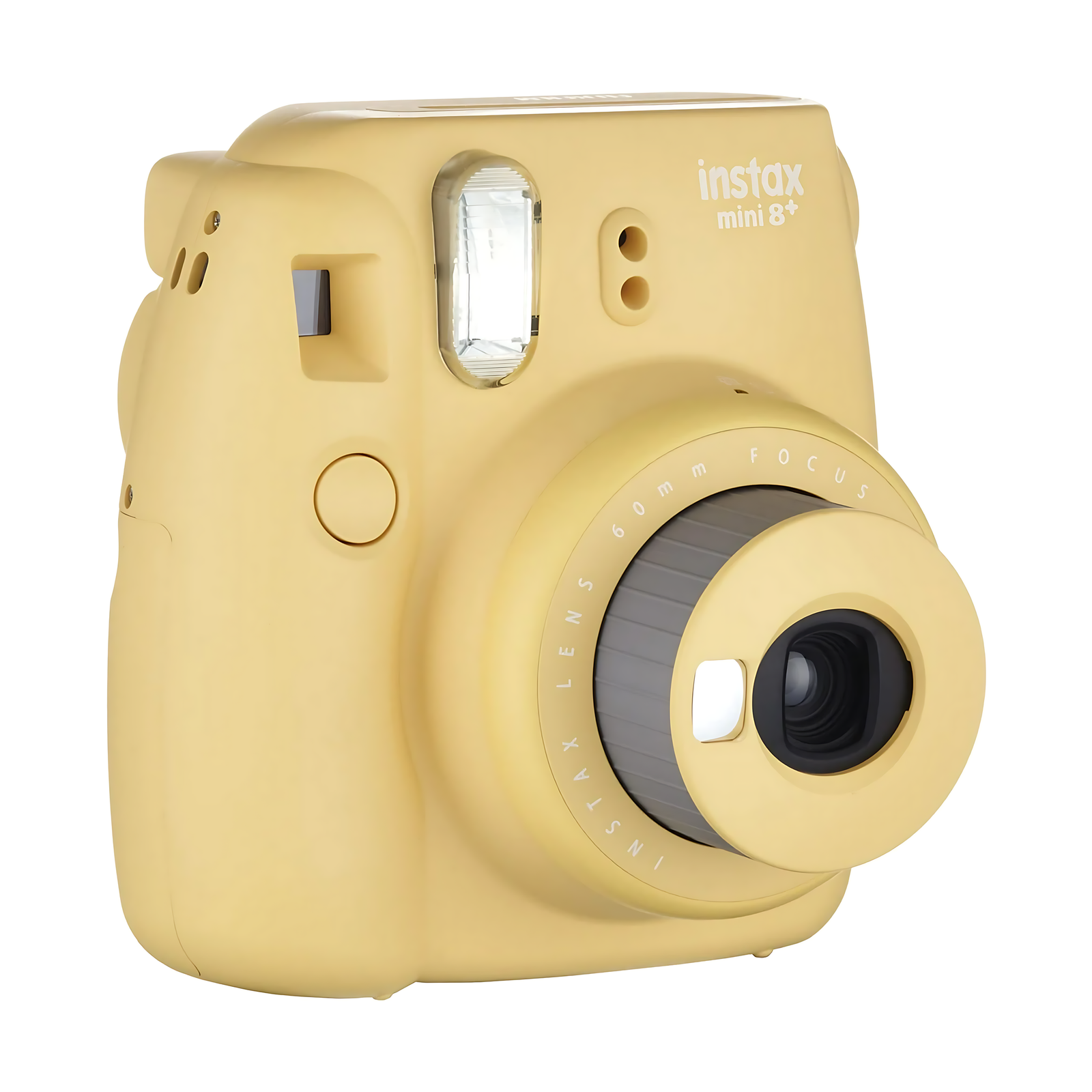 Fujifilm Instax Mini 8+ Honey instant camera by ClubCamera.com with fixed-focus lens and built-in flash
