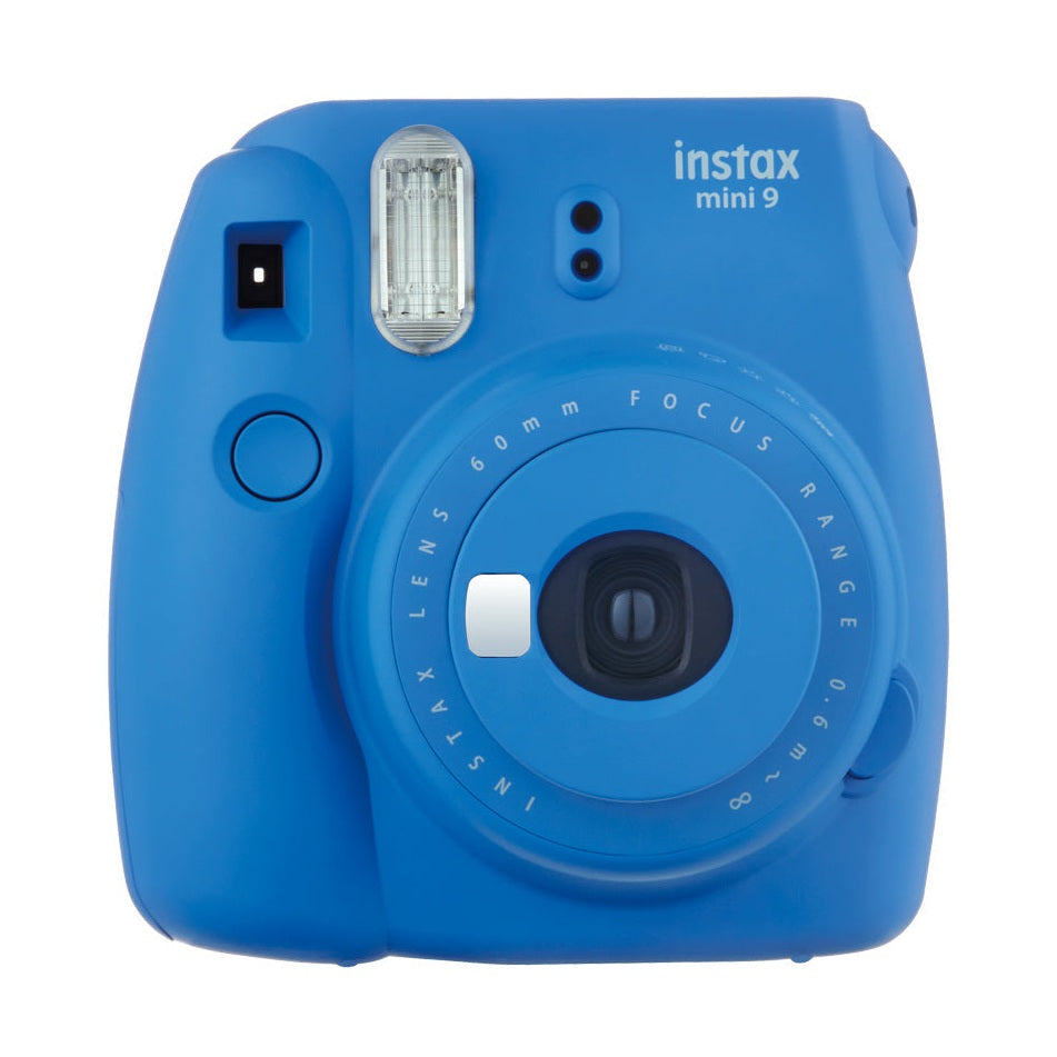 Fujifilm Instax Mini 9 instant camera in cobalt blue with glossy finish and white branding at ClubCamera.com