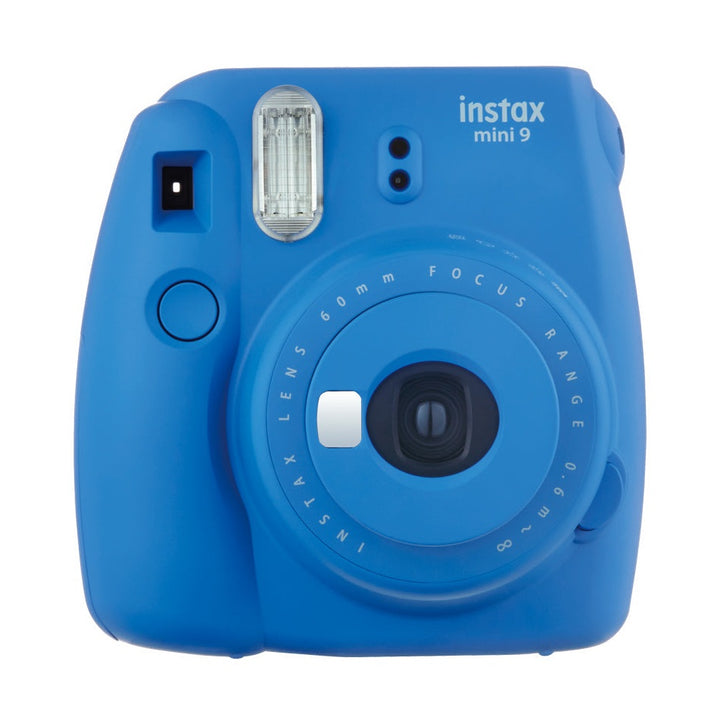 Fujifilm Instax Mini 9 instant camera in cobalt blue with glossy finish and white branding at ClubCamera.com