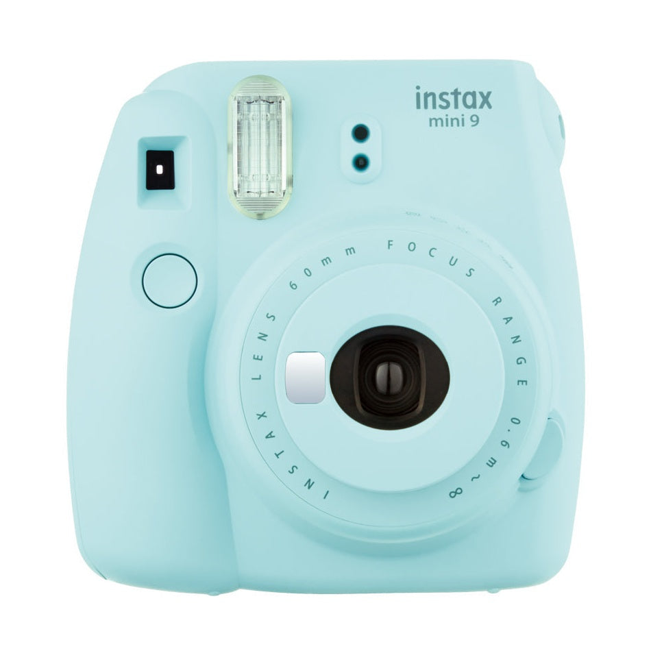 Fujifilm Instax Mini 9 Ice Blue instant camera at ClubCamera.com with matte finish and built-in flash