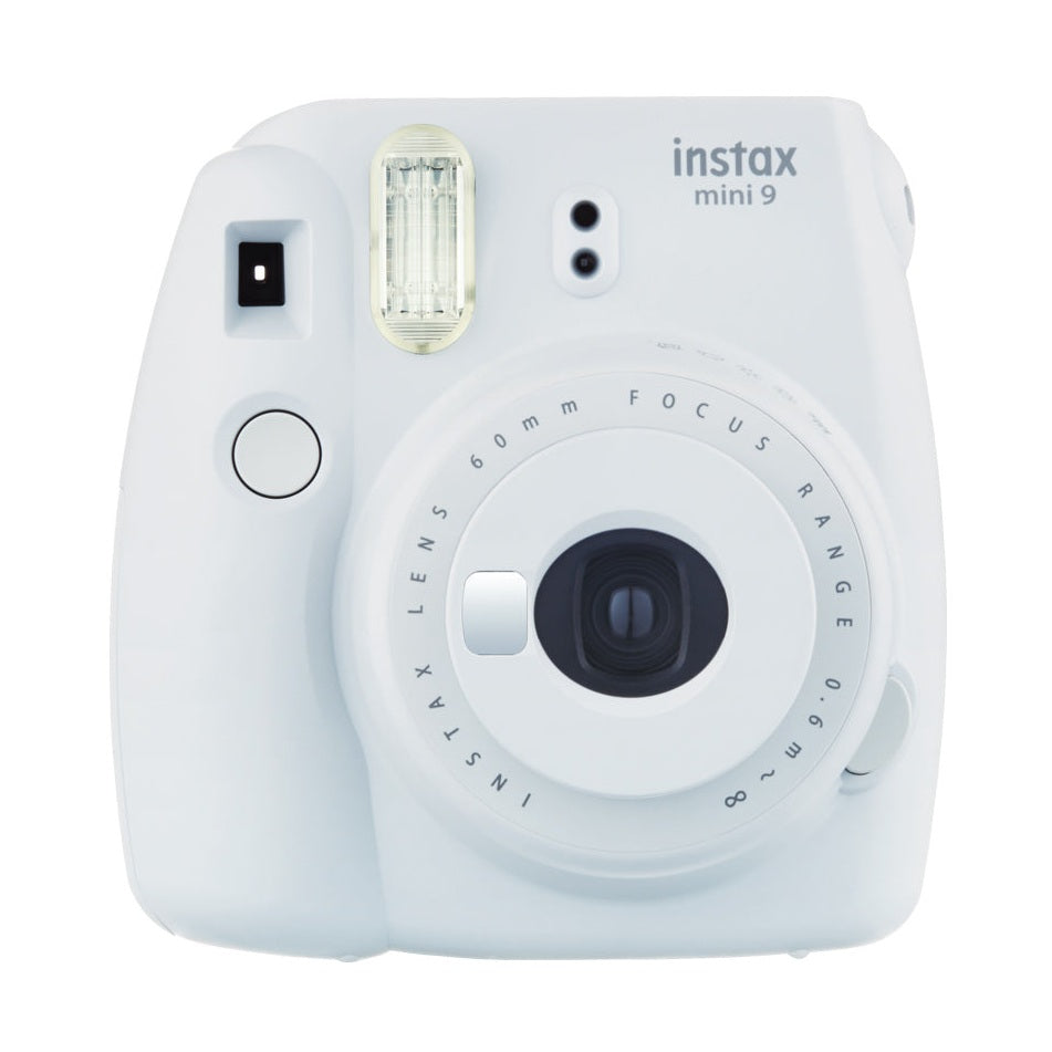 Fujifilm Instax Mini 9 Smoky White instant camera with matte finish and built-in flash at ClubCamera.com