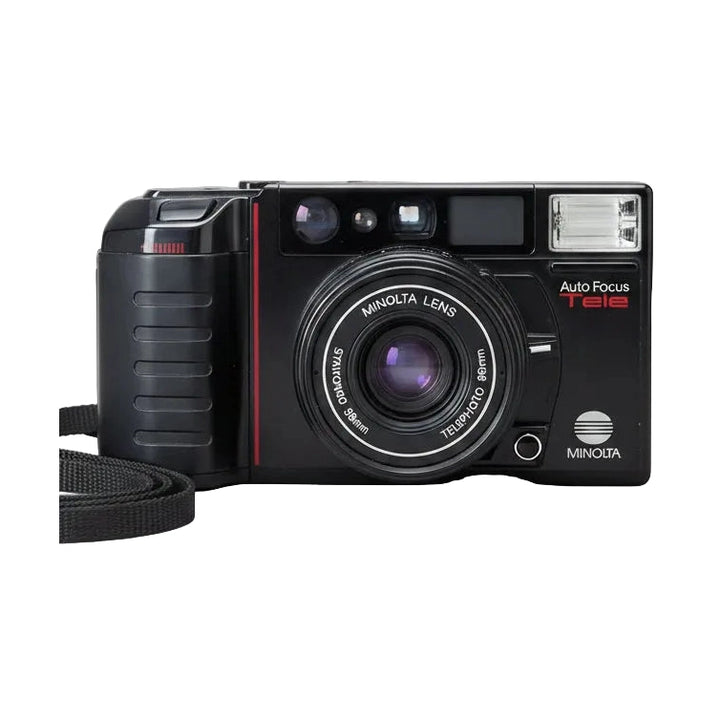 ClubCamera.com black Minolta AF-Tele dual-lens 35mm camera front view showing 38mm wide-angle lens and red accent stripe