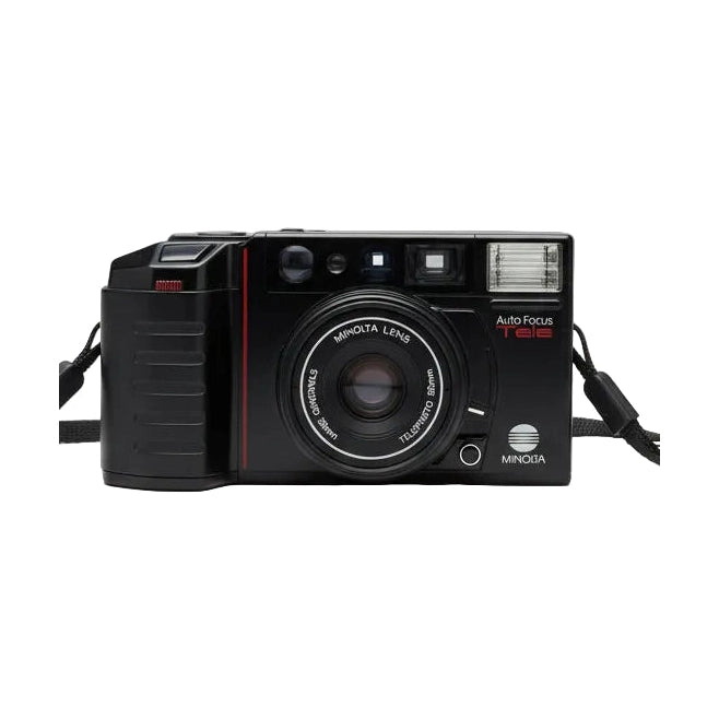 ClubCamera.com black Minolta AF-Tele 35mm point-and-shoot camera frontal shot displaying dual lenses and ribbed rubberized grip
