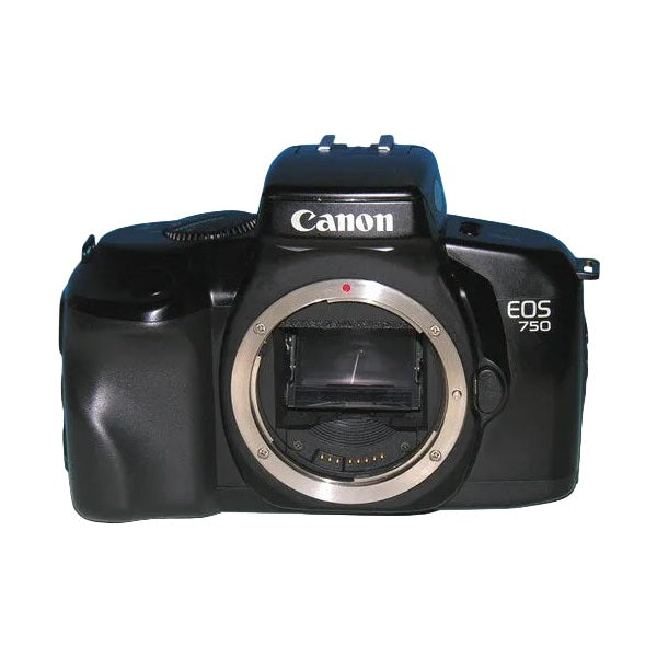 Canon EOS 750 black SLR film camera body with exposed EF lens mount and red autofocus light at ClubCamera.com