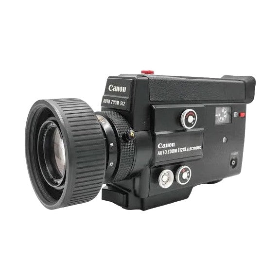 Black Canon Auto Zoom 512XL Super 8 movie camera with silver dials and f/1.2 zoom lens at ClubCamera.com
