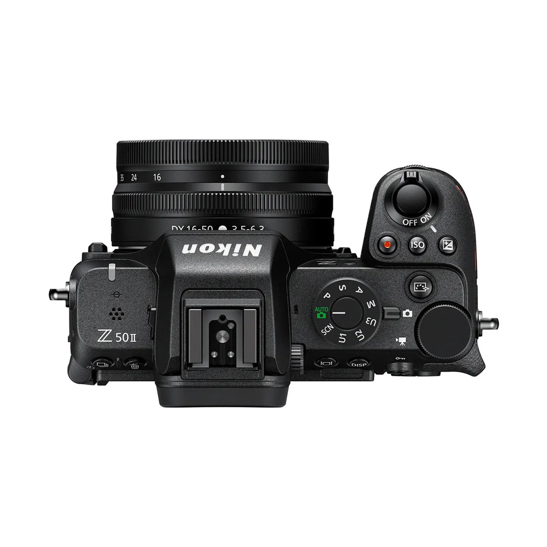 ClubCamera.com black Nikon Z50II top view showing mode dial, ISO button, and 16-50mm lens integration