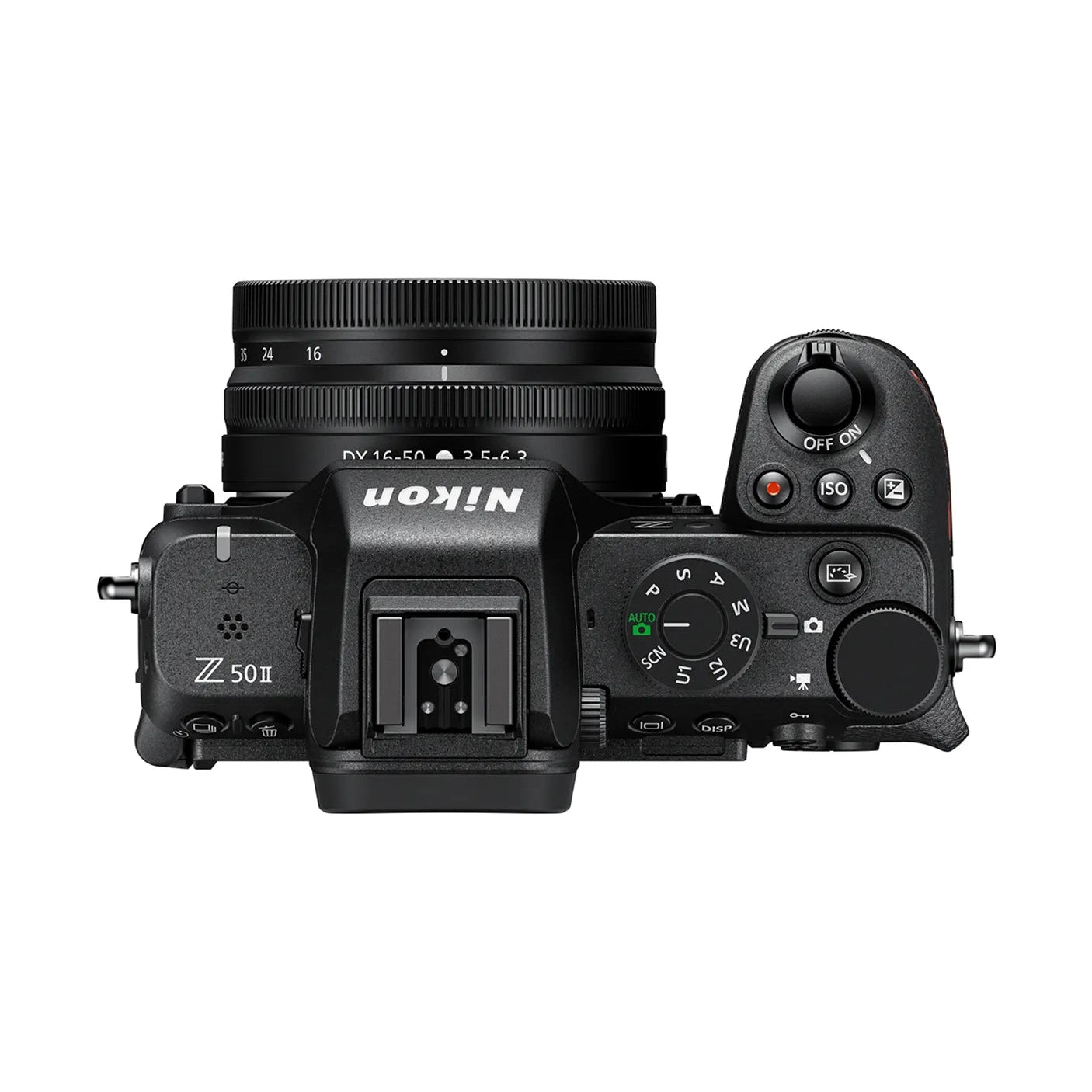 ClubCamera.com black Nikon Z50II top view showing mode dial, ISO button, and 16-50mm lens integration