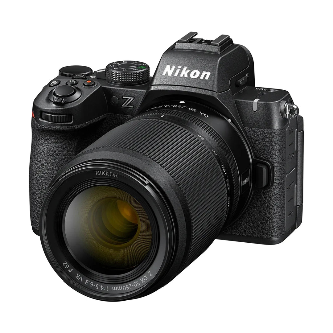 ClubCamera.com Nikon Z50II with 50-250mm telephoto lens highlighting ribbed focus ring and glass reflections