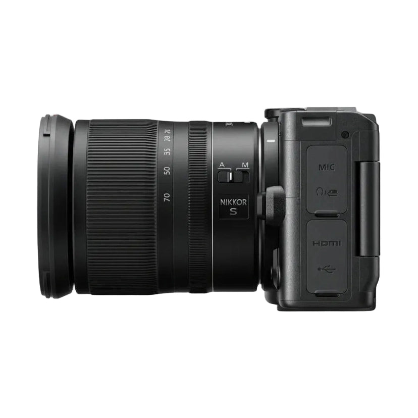 ClubCamera.com Nikon ZR cinema camera side profile with NIKKOR Z 24-70mm lens showing focus ring and rear ports