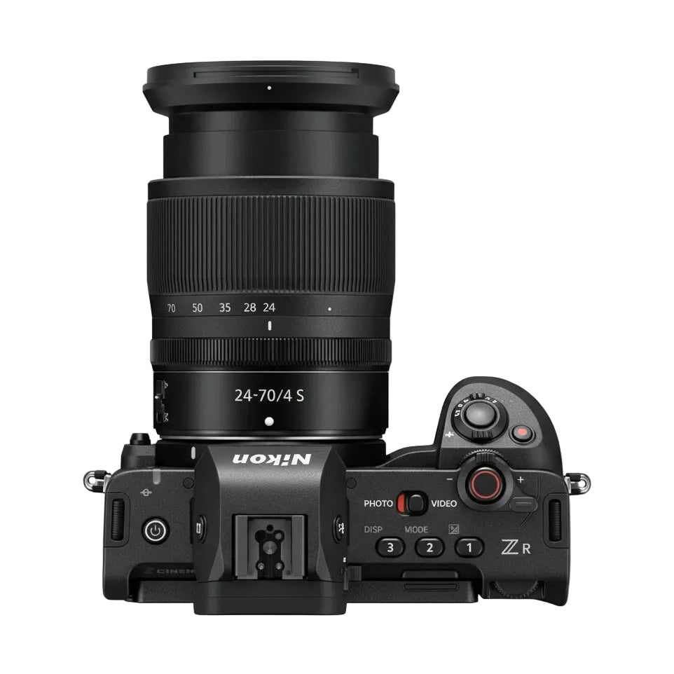 ClubCamera.com top-down shot of Nikon ZR cinema camera with mode dial set to video and red shutter release ring