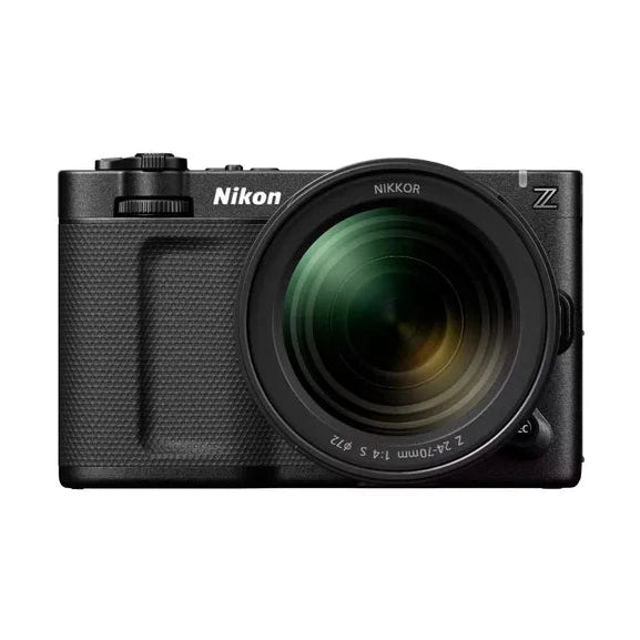 ClubCamera.com front view of black Nikon ZR full-frame cinema camera with NIKKOR Z 24-70mm f/4 S lens and white logo