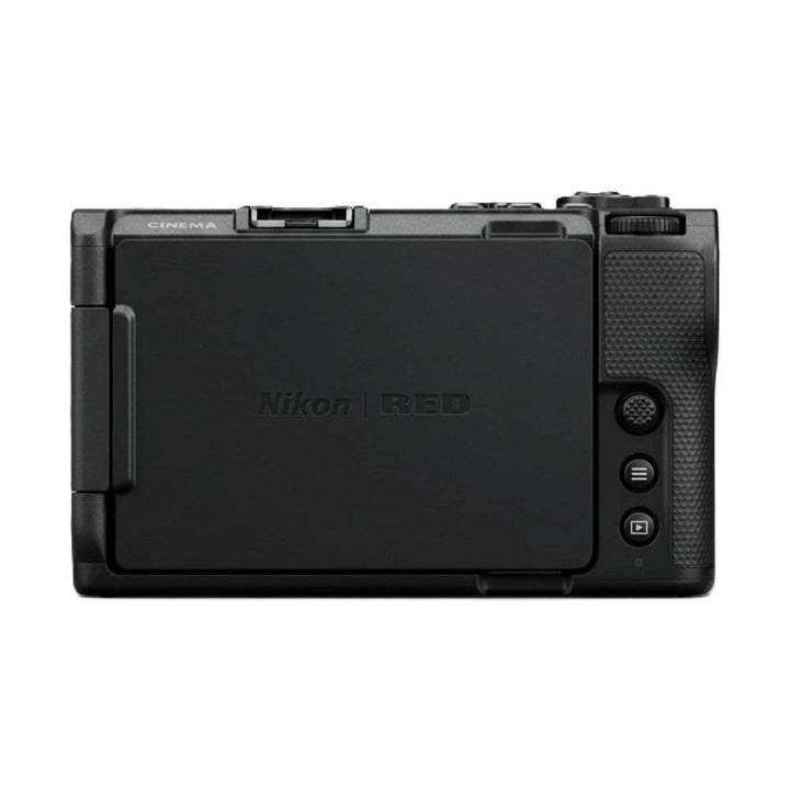 Nikon ZR cinema camera back view with matte black finish, embossed Nikon RED logo, textured grip, and control buttons from ClubCamera.com