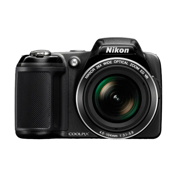 ClubCamera.com front shot of black Nikon COOLPIX L810 bridge camera with NIKKOR 26x zoom lens