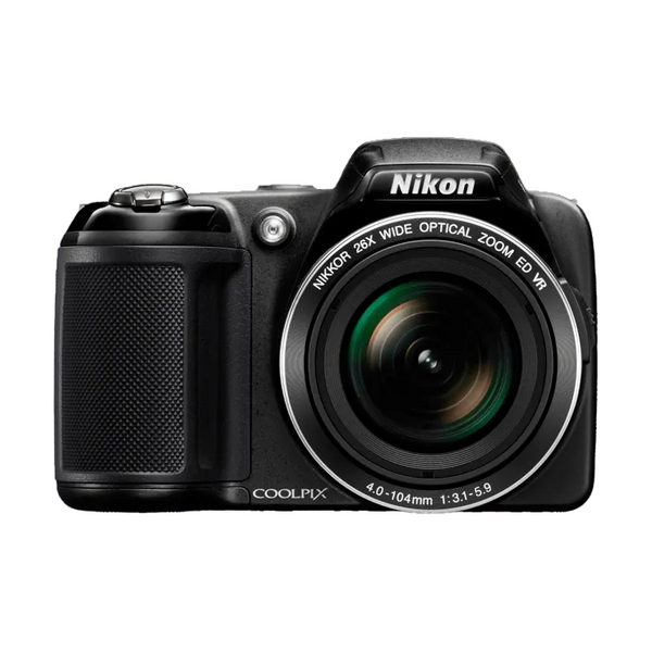 ClubCamera.com front shot of black Nikon COOLPIX L810 bridge camera with NIKKOR 26x zoom lens