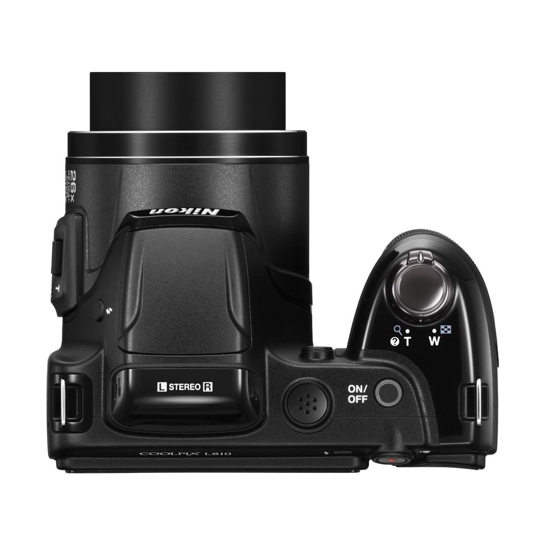 ClubCamera.com black Nikon COOLPIX L810 top view with textured grip and mode dial
