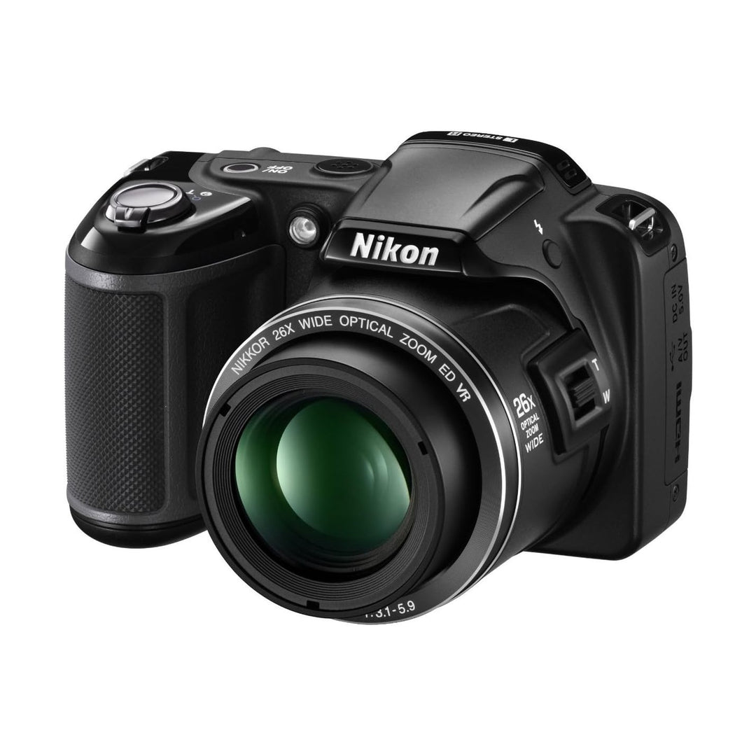 ClubCamera.com three-quarter angle of black Nikon COOLPIX L810 with extended zoom lens and HDMI port