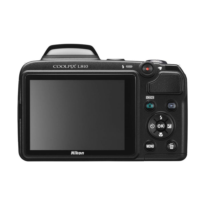 ClubCamera.com rear view of black Nikon COOLPIX L810 showing 3-inch LCD screen and control buttons