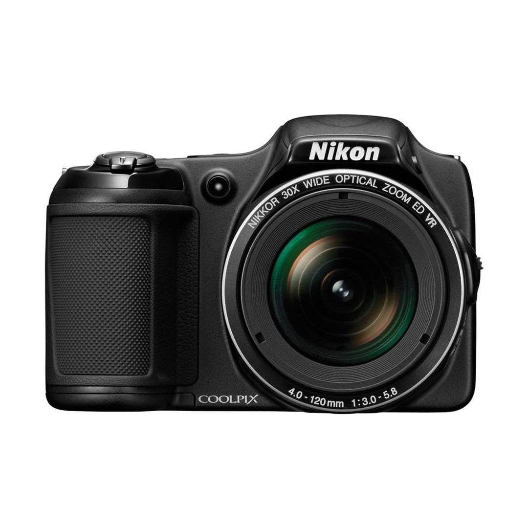 Front shot of black Nikon COOLPIX L820 bridge camera highlighting NIKKOR 30x wide optical zoom lens at ClubCamera.com