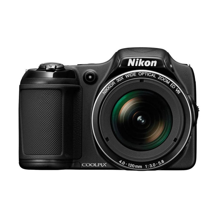Front shot of black Nikon COOLPIX L820 bridge camera highlighting NIKKOR 30x wide optical zoom lens at ClubCamera.com