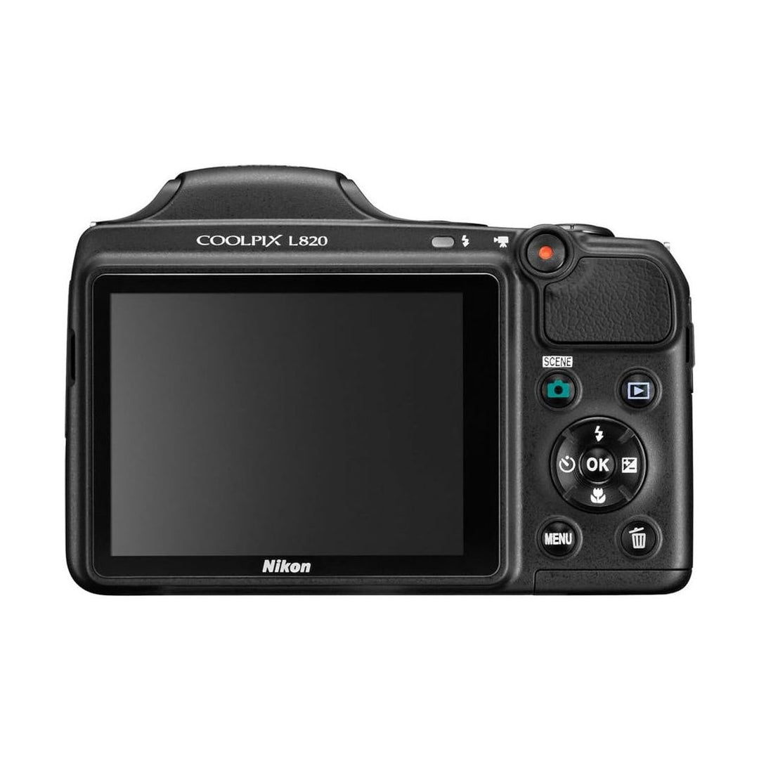 Rear view of black Nikon COOLPIX L820 superzoom camera featuring 3-inch LCD screen and control buttons from ClubCamera.com