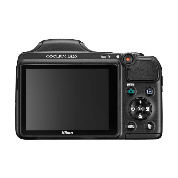 Rear view of black Nikon COOLPIX L820 superzoom camera featuring 3-inch LCD screen and control buttons from ClubCamera.com