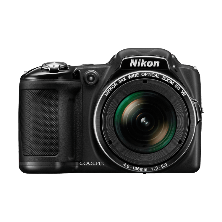 Front view of black Nikon COOLPIX L830 bridge camera highlighting NIKKOR 34x optical zoom lens and green anti-reflective coating, ClubCamera.com
