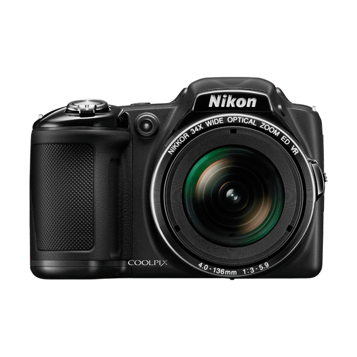 Front view of black Nikon COOLPIX L830 bridge camera highlighting NIKKOR 34x optical zoom lens and green anti-reflective coating, ClubCamera.com
