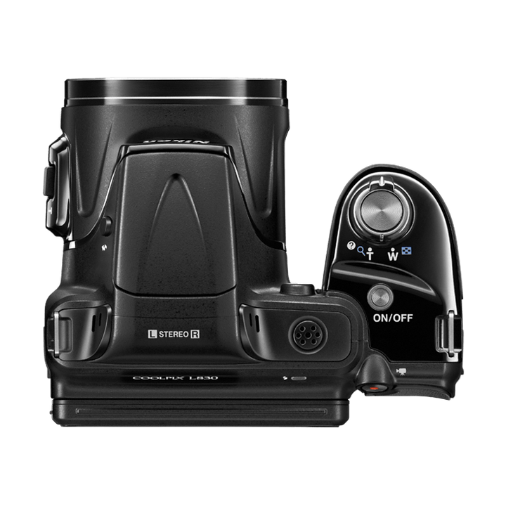 Top-down view of black Nikon COOLPIX L830 digital camera featuring handgrip controls, stereo audio port, and red power switch, ClubCamera.com