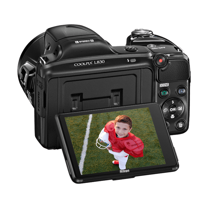 Rear view of black Nikon COOLPIX L830 digital camera with tilting LCD screen angled up for high shots, ClubCamera.com