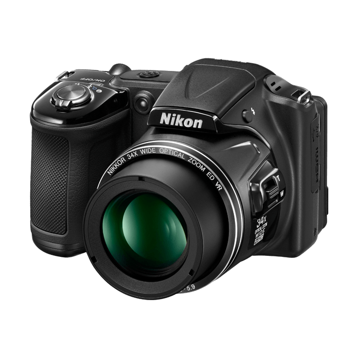 Black Nikon COOLPIX L830 superzoom camera showing extended 34x optical zoom barrel and telephoto wide mode dial, ClubCamera.com