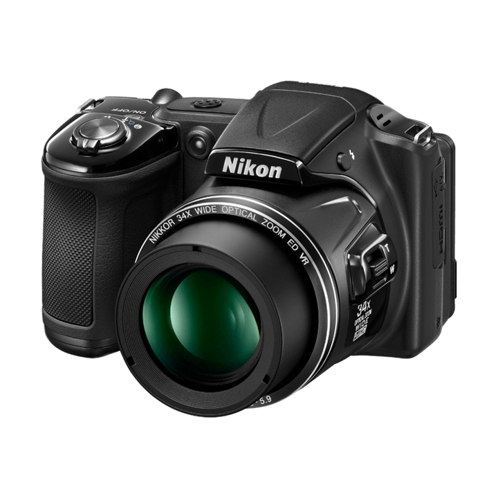 Black Nikon COOLPIX L830 superzoom camera showing extended 34x optical zoom barrel and telephoto wide mode dial, ClubCamera.com