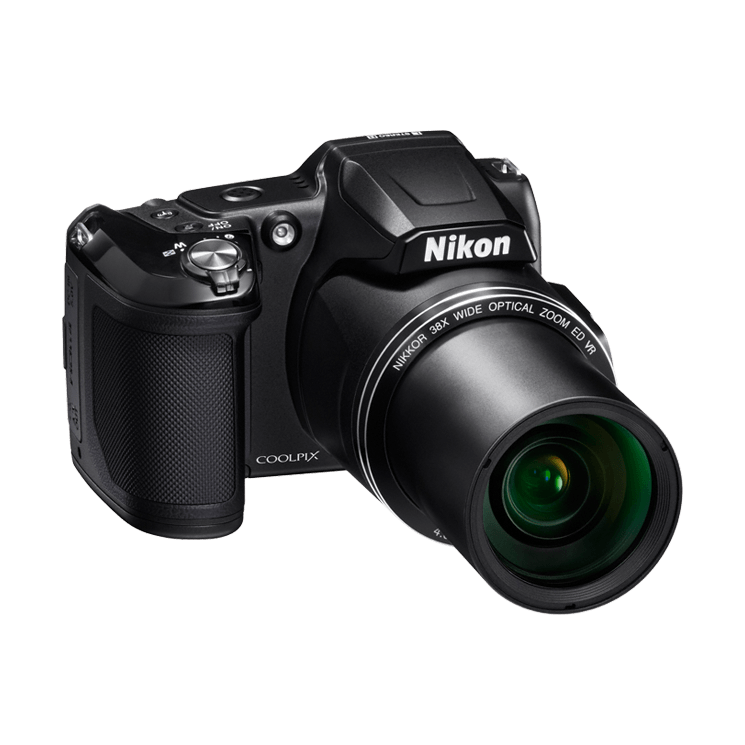 Angled shot of black Nikon COOLPIX L840 travel camera highlighting ergonomic grip and ribbed zoom ring by ClubCamera.com