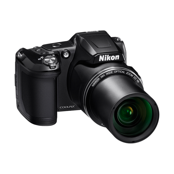 Angled shot of black Nikon COOLPIX L840 travel camera highlighting ergonomic grip and ribbed zoom ring by ClubCamera.com