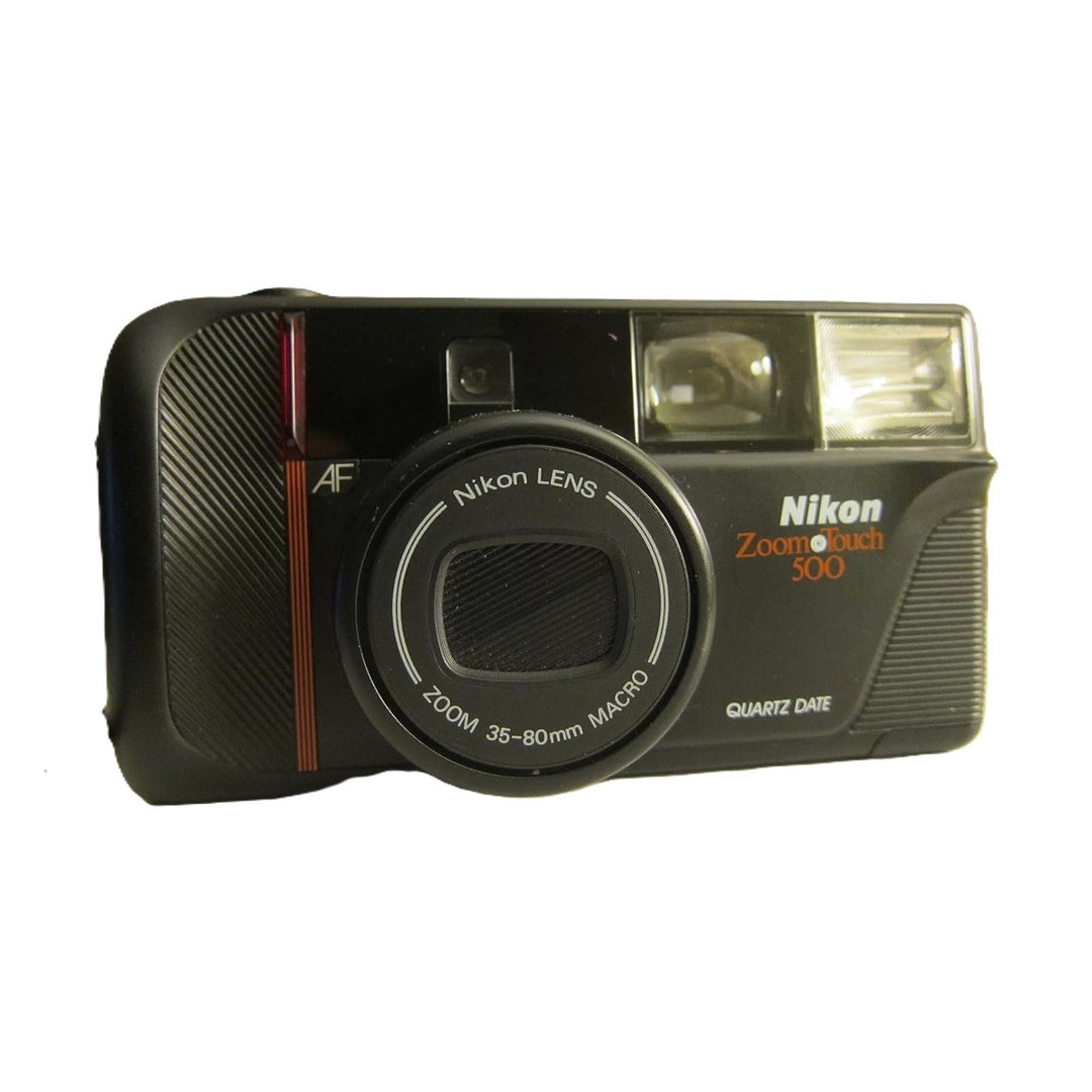 Front view of black Nikon Zoom Touch 500 35mm point-and-shoot film camera with orange accent stripe and power-zoom lens from ClubCamera.com