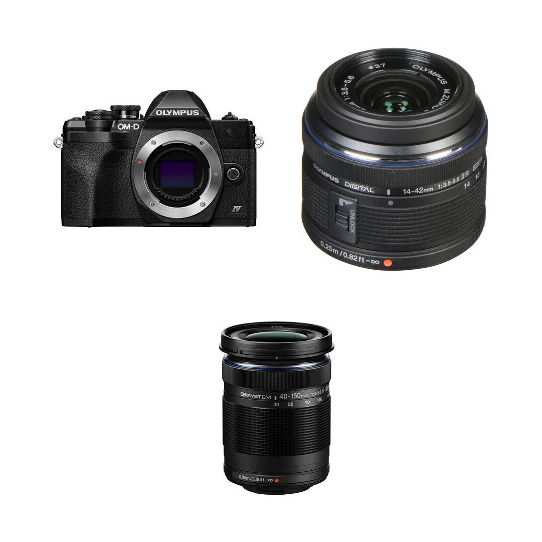 Olympus OM-D E-M10 Mark IV with 14-42mm & 40-150mm Lenses (Black) - front
