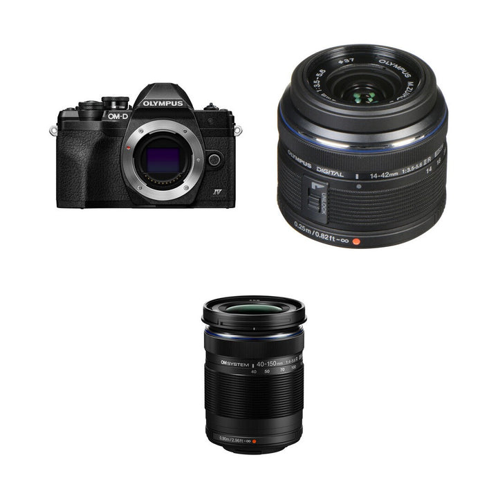 Olympus OM-D E-M10 Mark IV with 14-42mm &amp; 40-150mm Lenses (Black) - front