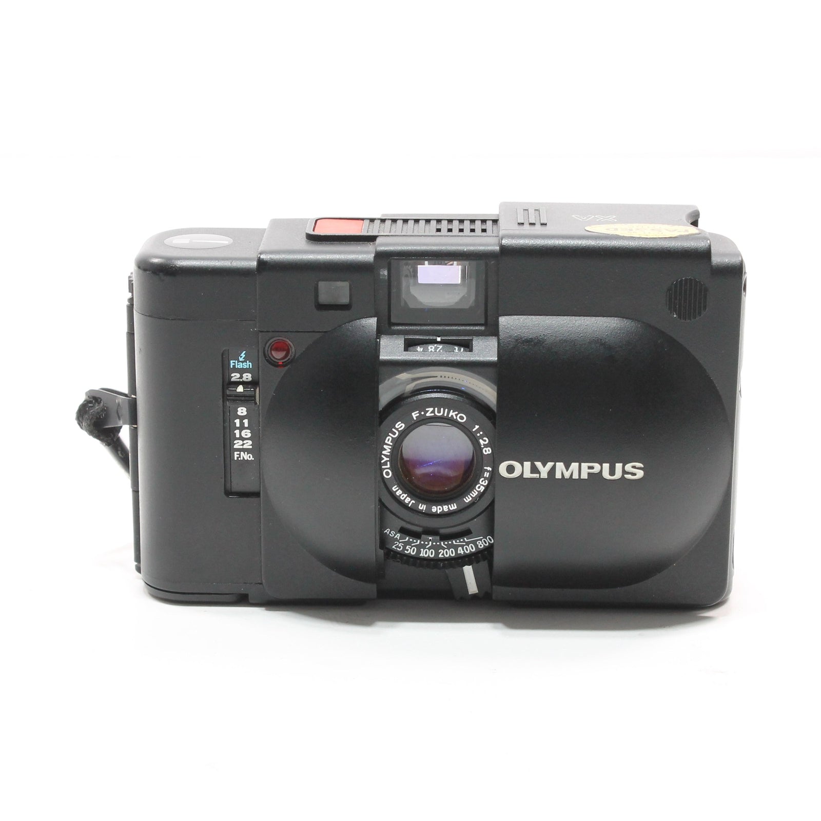 Front of black Olympus XA 35mm film camera with F-ZUIKO lens at ClubCamera.com