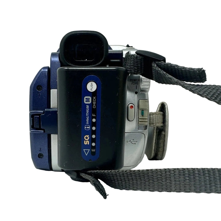 Sony DCR-DVD300 blue silver camcorder side profile with InfoLithium battery and ClubCamera.com