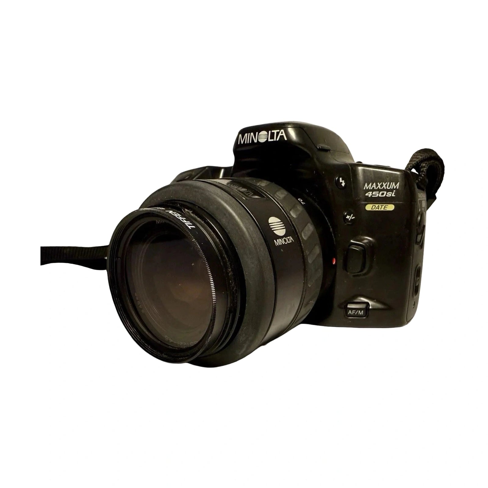 Minolta Maxxum 450si front angle with branded lens and strap from ClubCamera.com