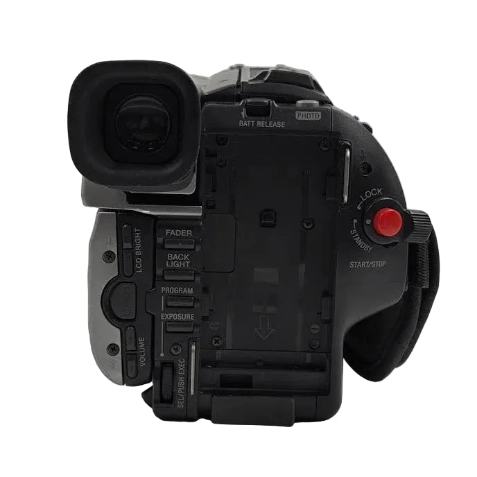 ClubCamera.com top-down view of black Sony DCR-TRV110 camcorder eyepiece, control switches, and textured plastic body