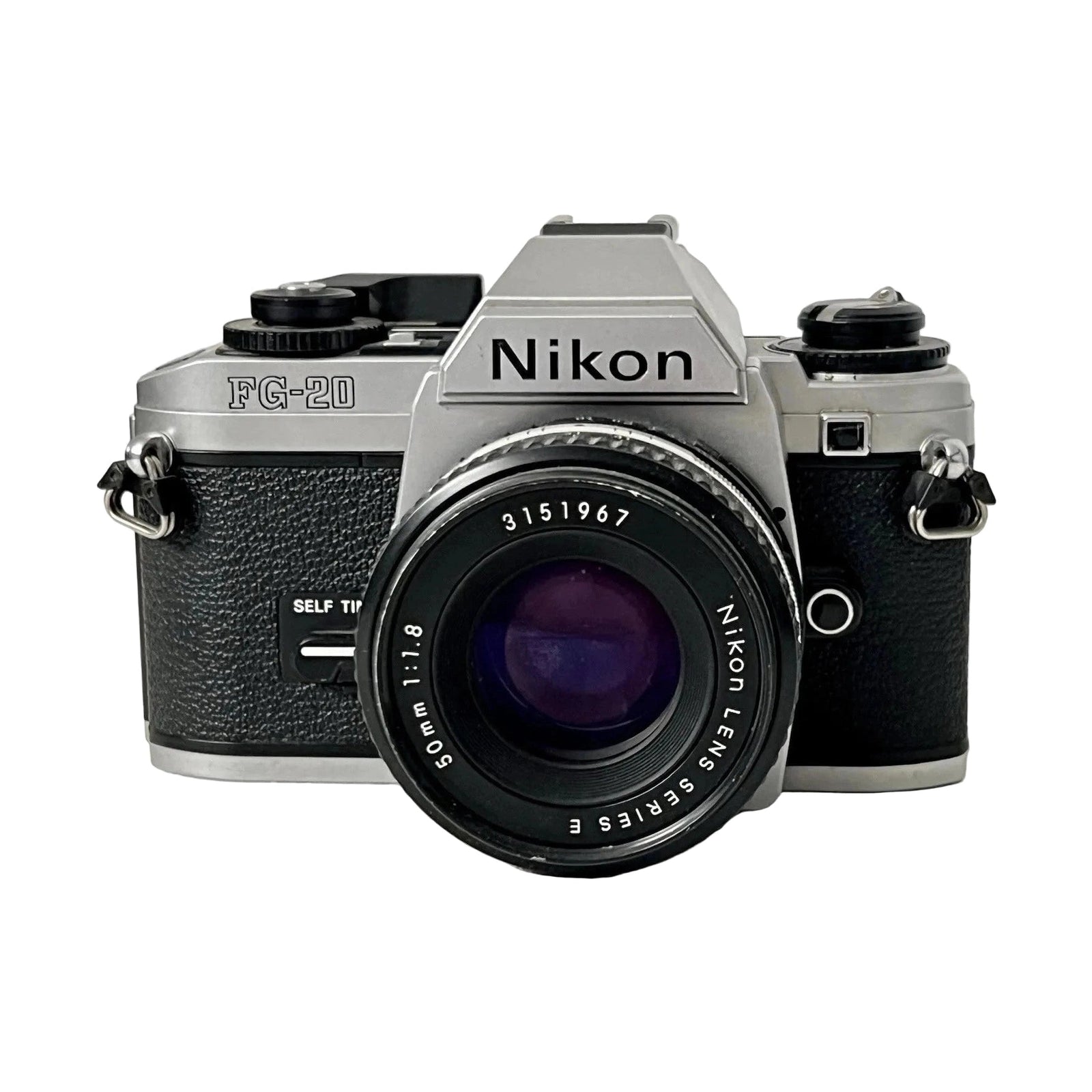 Front shot of silver Nikon FG-20 35mm film SLR with 50mm f/1.8 Series E lens, black lettering and self-timer button available at ClubCamera.com
