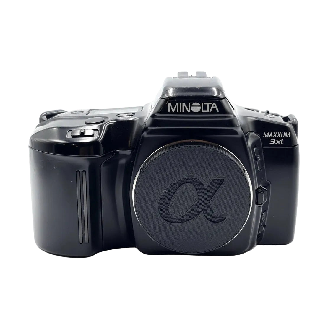 Front view of black Minolta Maxxum 3xi 35mm SLR with retracted flash and alpha logo lens cap from ClubCamera.com
