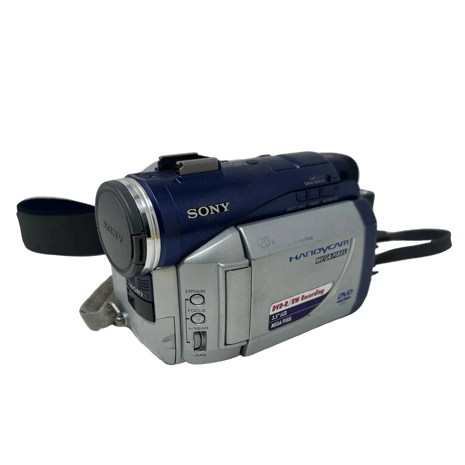 Sony DCR-DVD300 blue silver camcorder side controls exposure focus dial ClubCamera.com